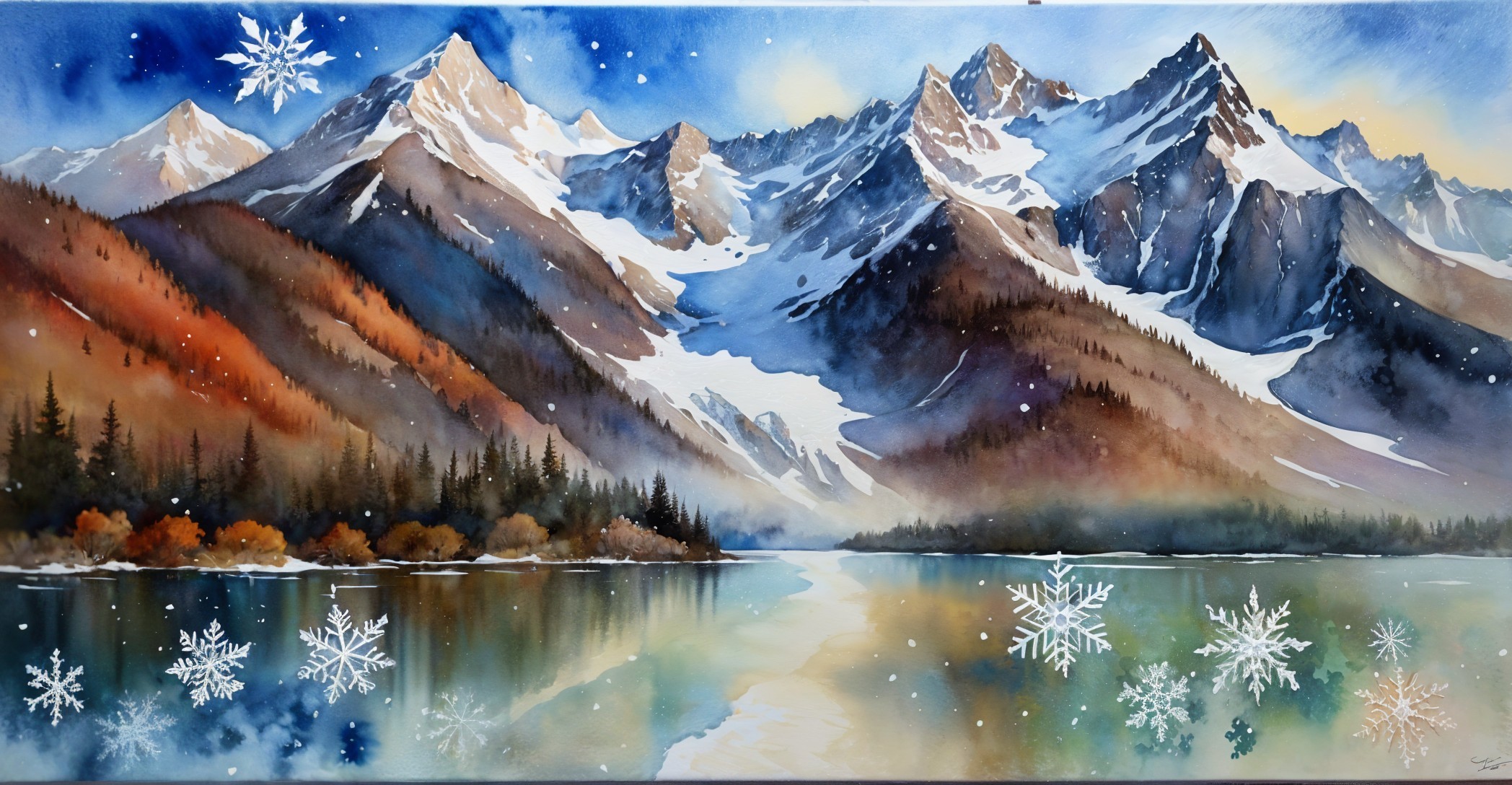 Serene Winter Landscape with Snow-Capped Mountains