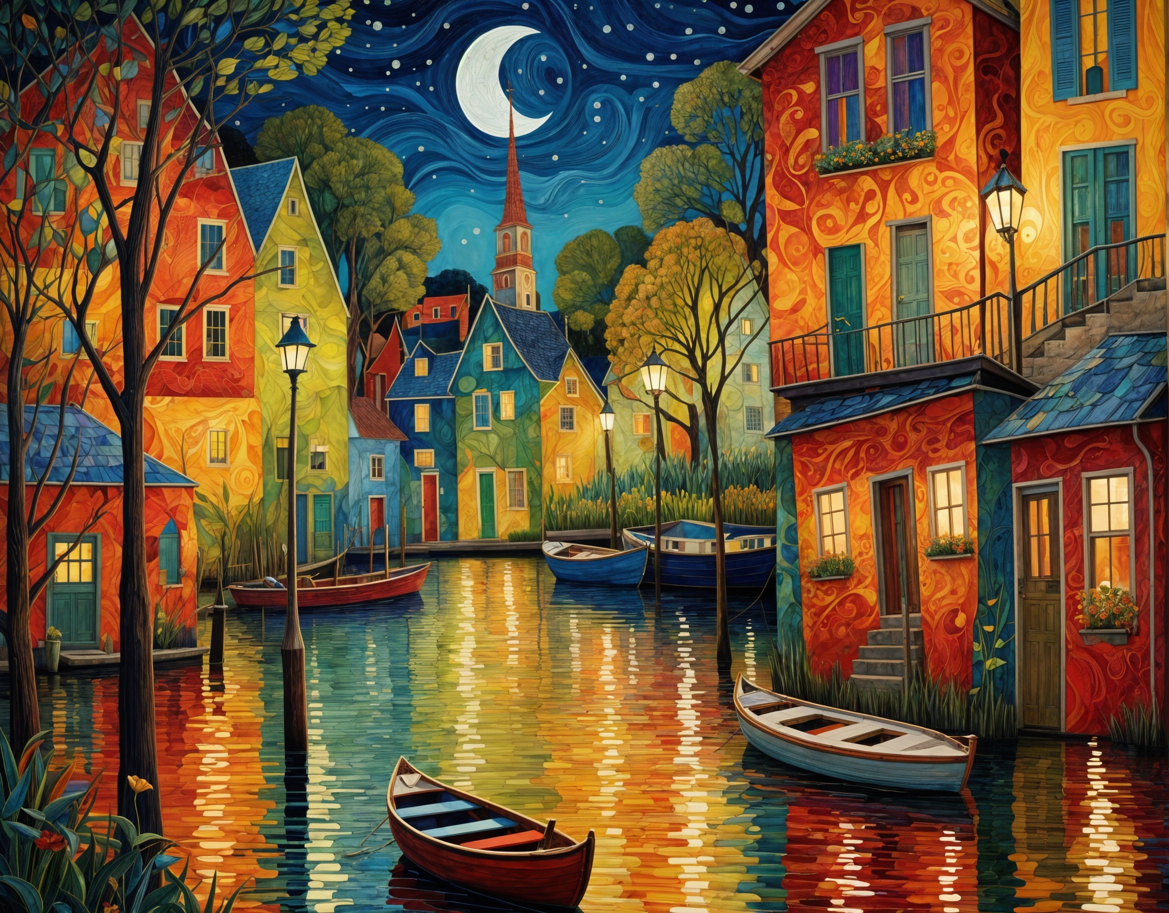 Colorful Houses Reflected in Serene Night Water