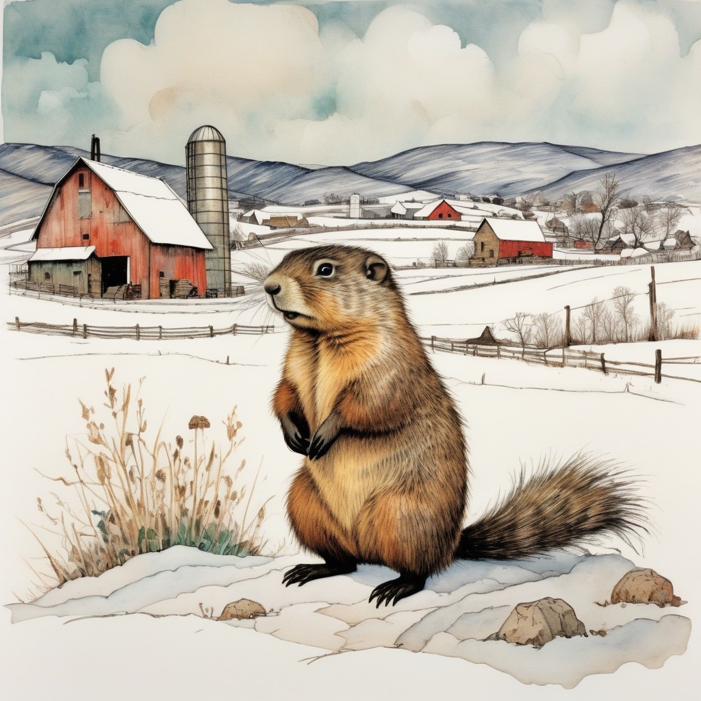 Groundhog in Snowy Rural Landscape with Barn and Hills