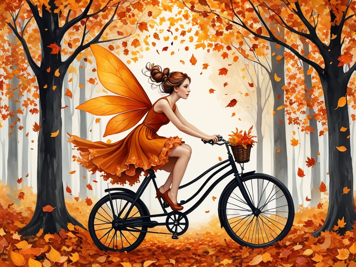 Fairy on Bicycle in Autumn Forest Scene