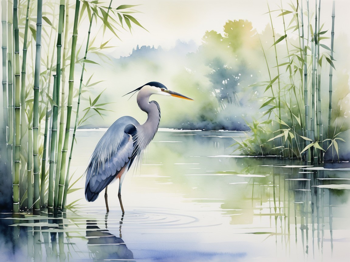 Heron in Tranquil Bamboo Landscape with Reflections