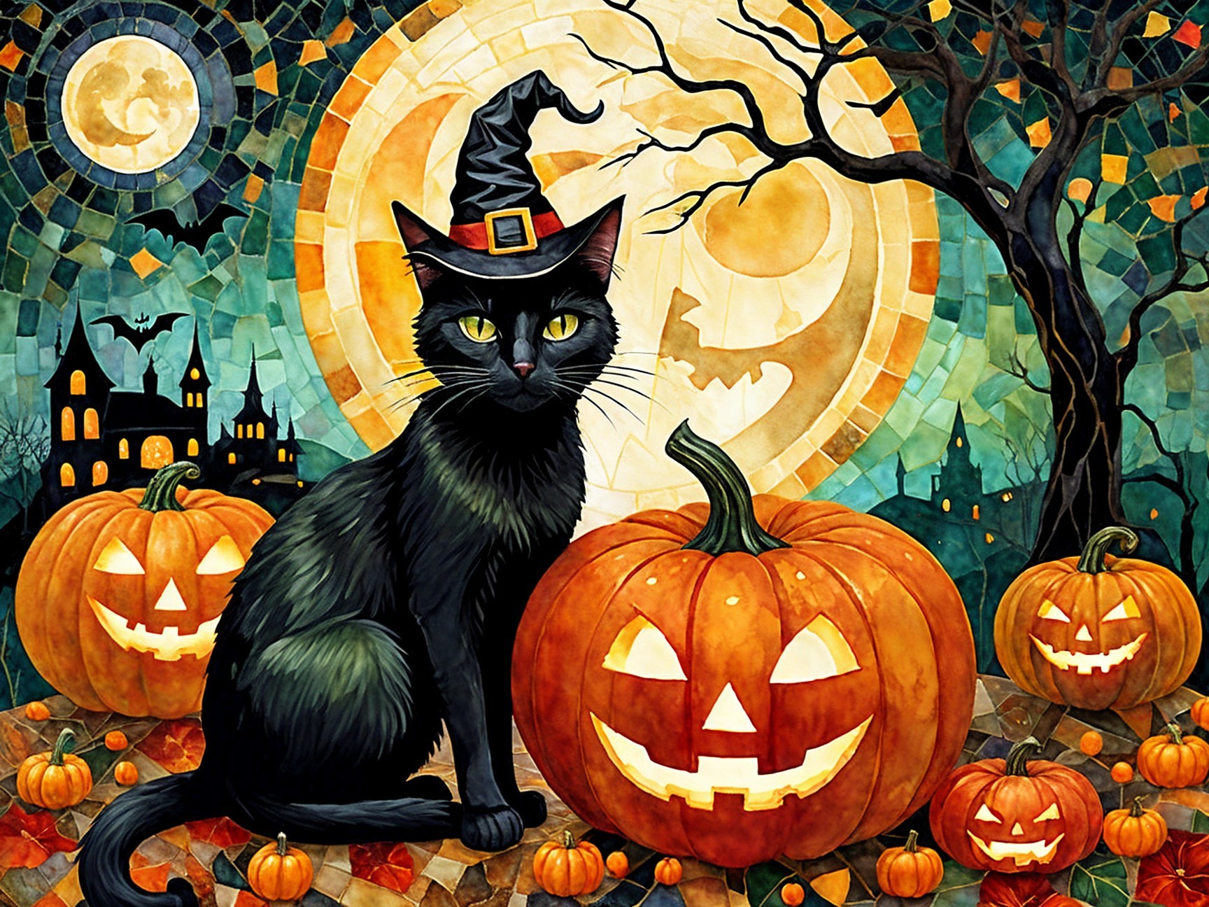 Whimsical Halloween Scene with Black Cat and Pumpkins
