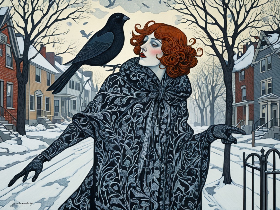Woman in Black Cloak with Raven in Snowy Landscape
