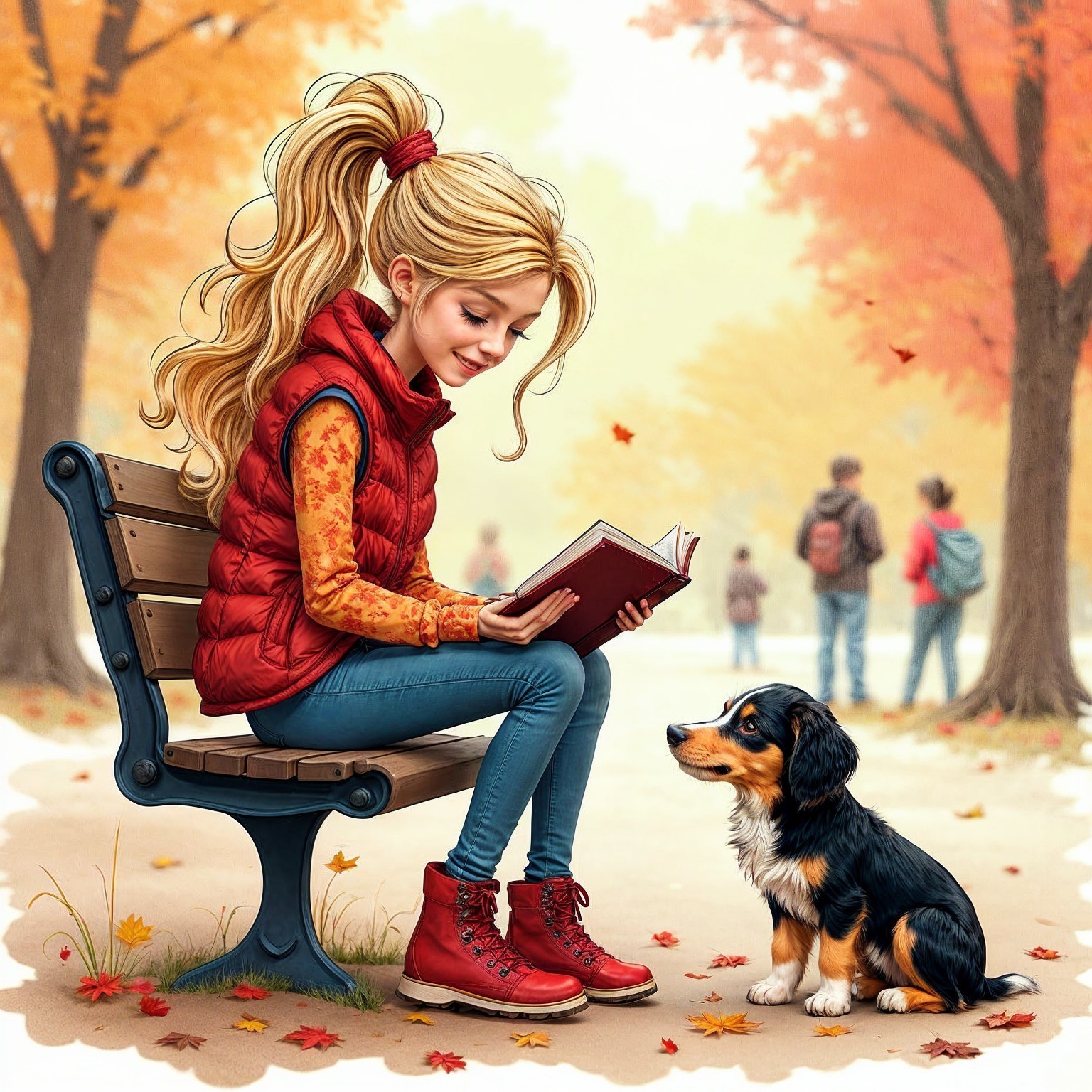 Young girl reading on park bench with puppy nearby