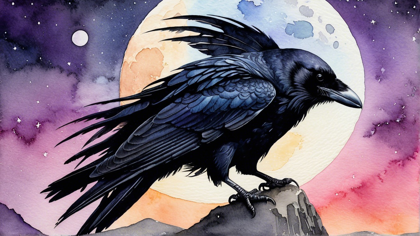 Black Raven on Rocky Perch Under Full Moon Glow