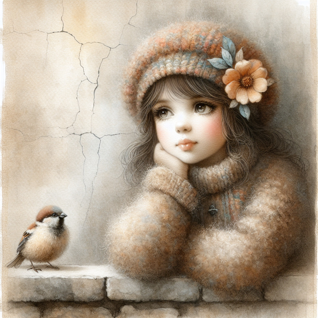 Young girl in sweater with sparrow by cracked wall