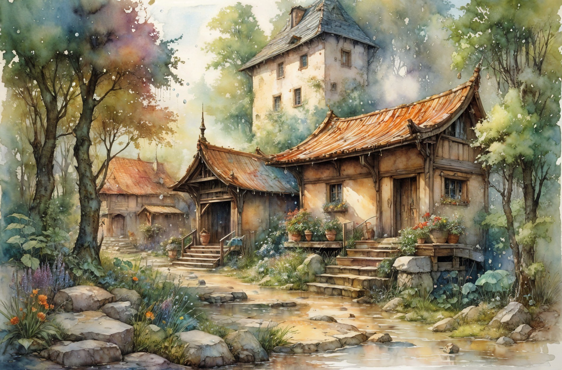 Watercolor Village Scene with Rustic Cottages and Stream