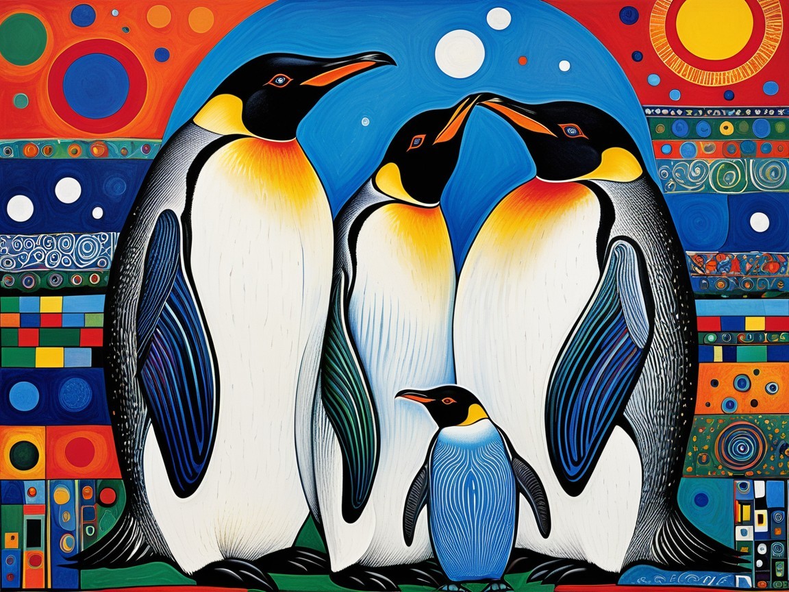 Stylized Penguins on Colorful Abstract Background