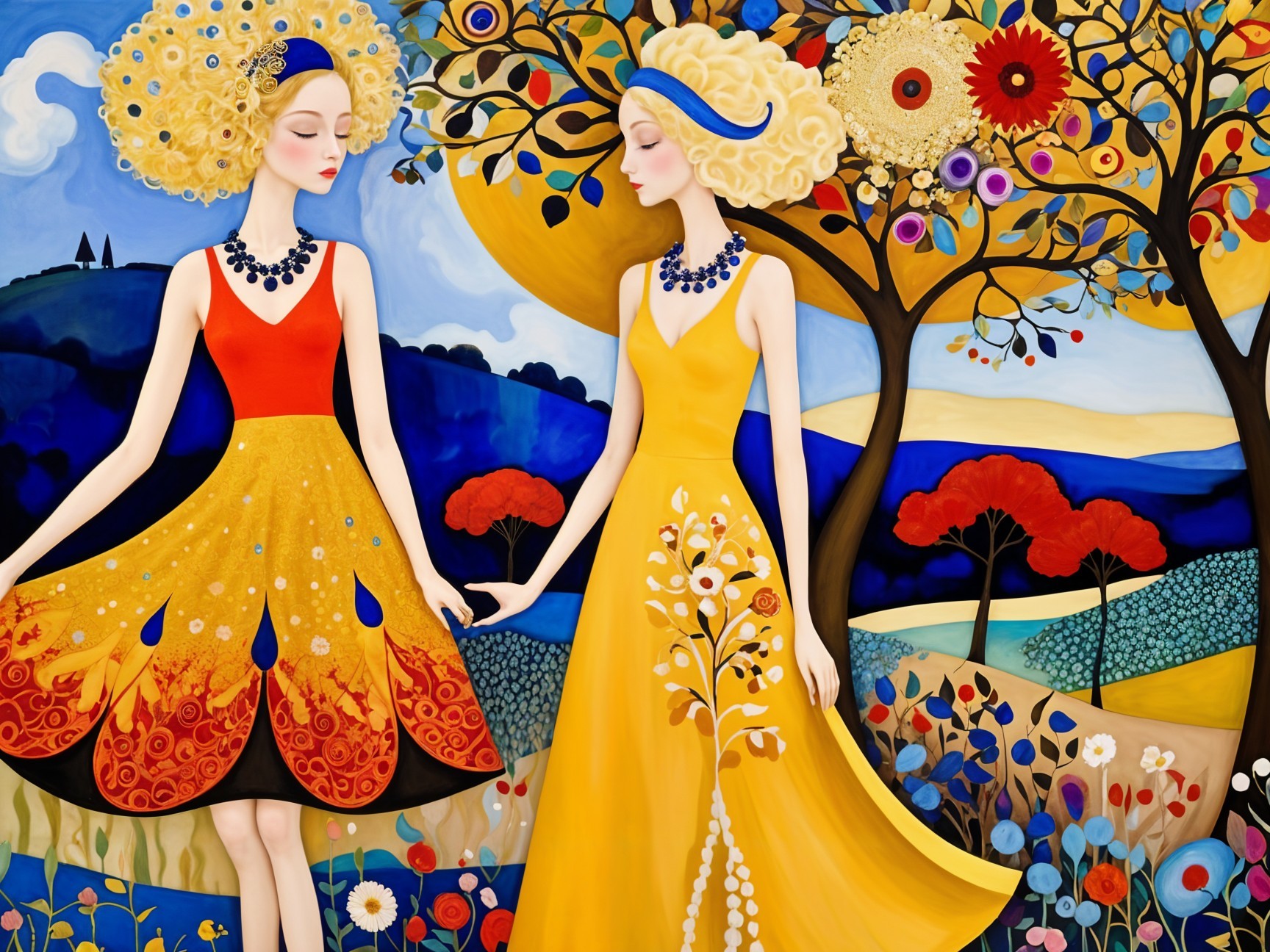 Elegant Women in Colorful Dresses in Whimsical Landscape