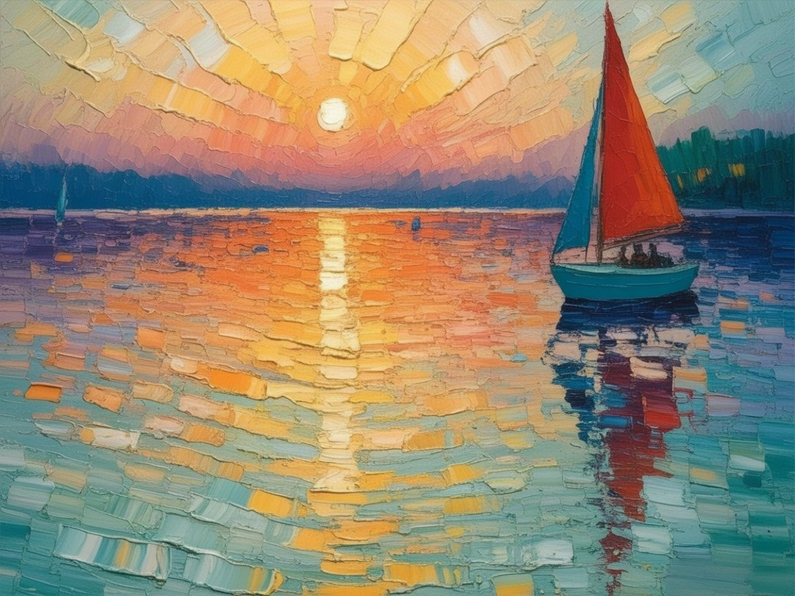 Vibrant Sunset Over Water with Sailboat and Warm Hues