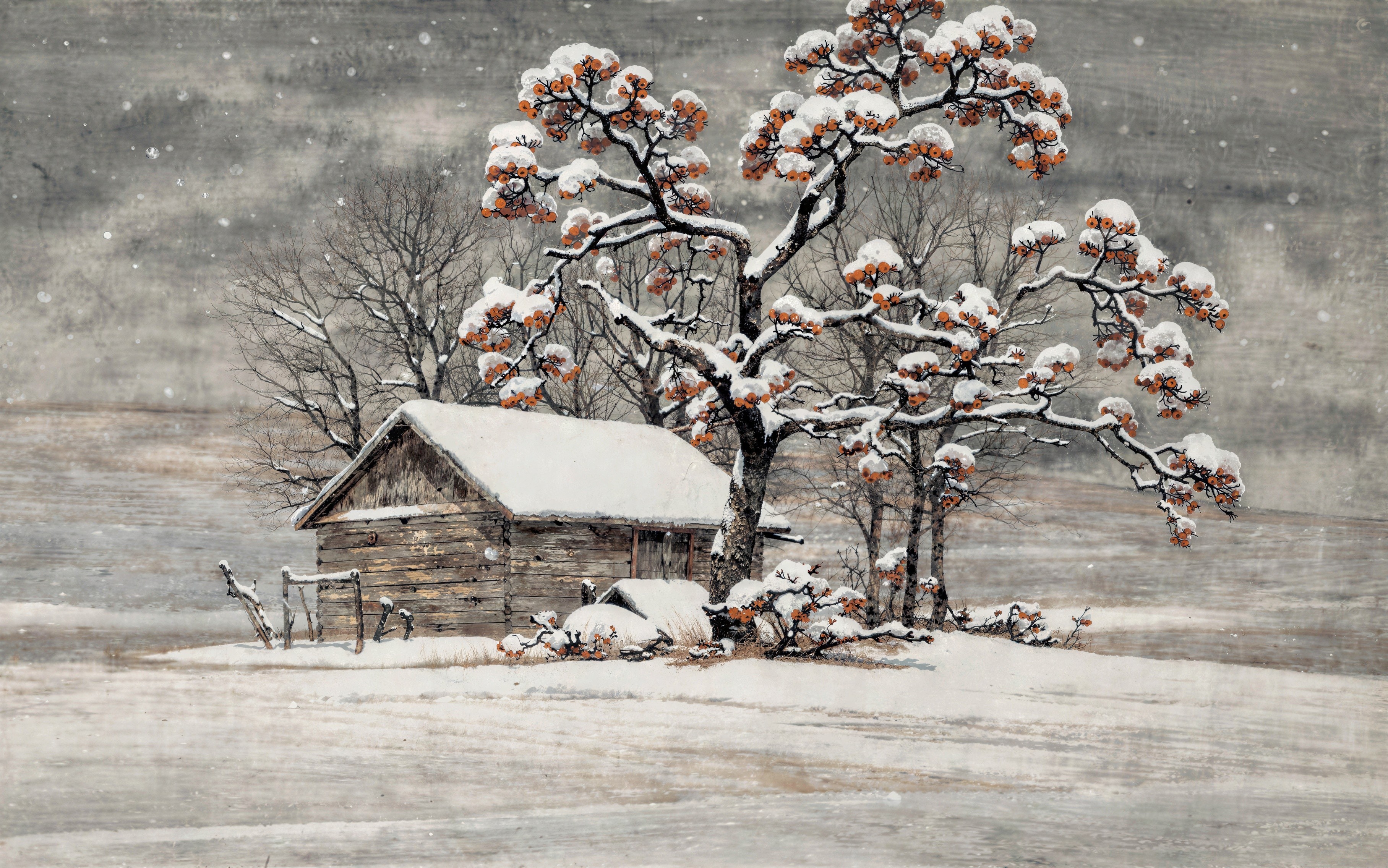 Winter Landscape with Cabin and Snow-Covered Trees