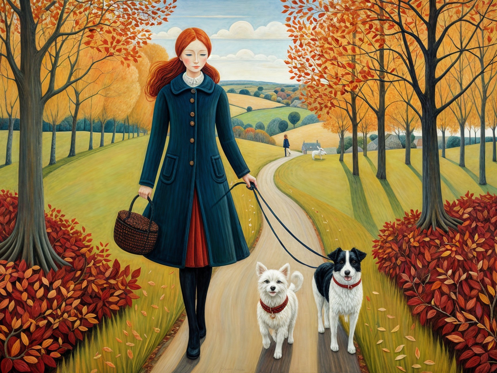 Young Woman with Dogs in Autumn Landscape