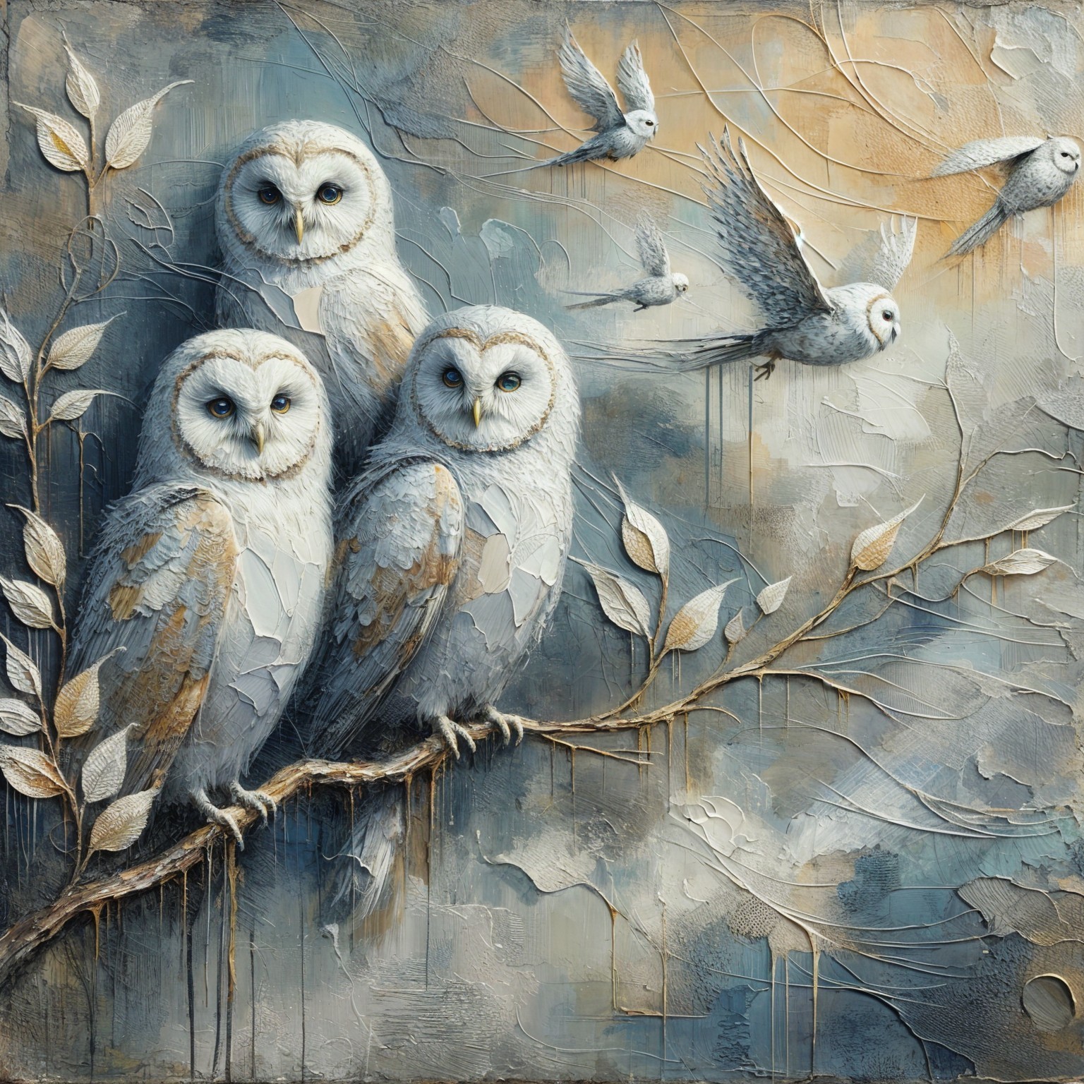 Three Owls on a Branch Surrounded by Foliage