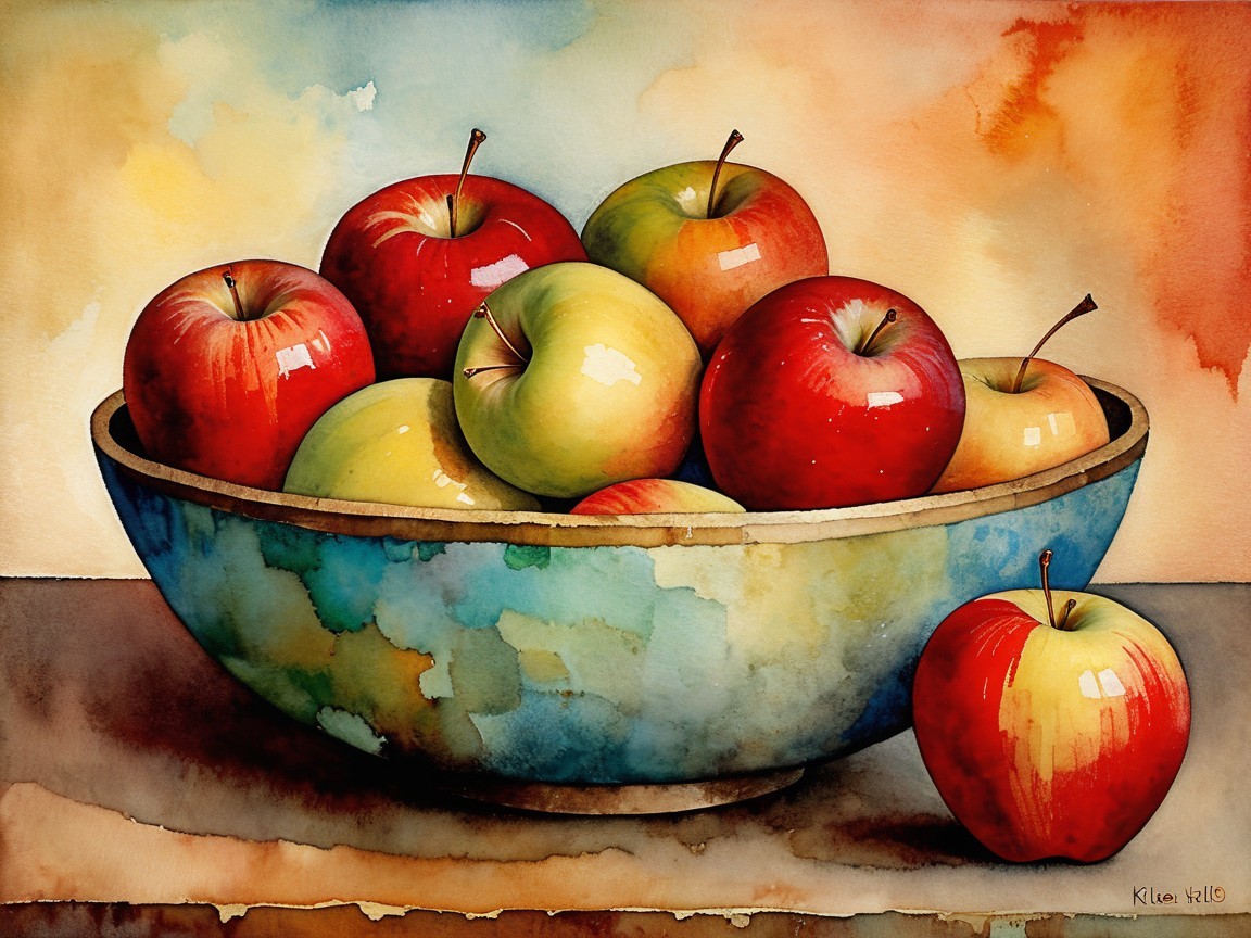 Still-Life Painting of Apples in a Colorful Bowl