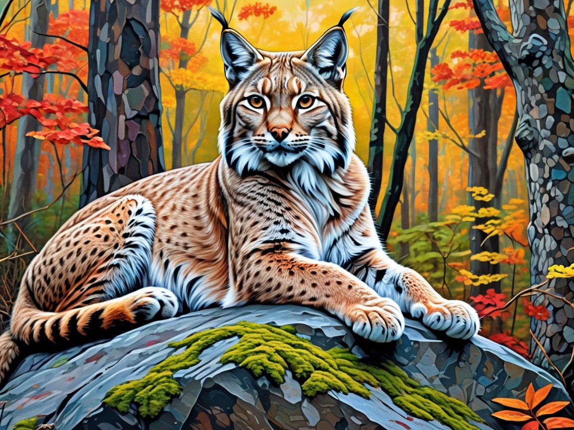 Lynx Relaxing on Mossy Rock in Autumn Forest