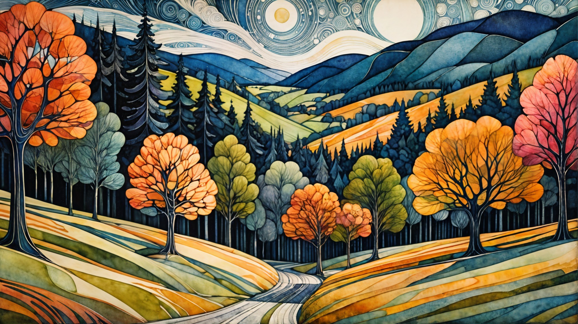 Vibrant Autumn Landscape with Rolling Hills and Trees