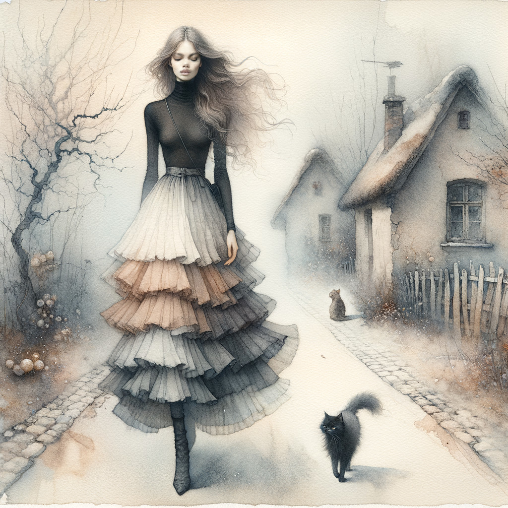 Whimsical Misty Village with Flowing Dress and Cat