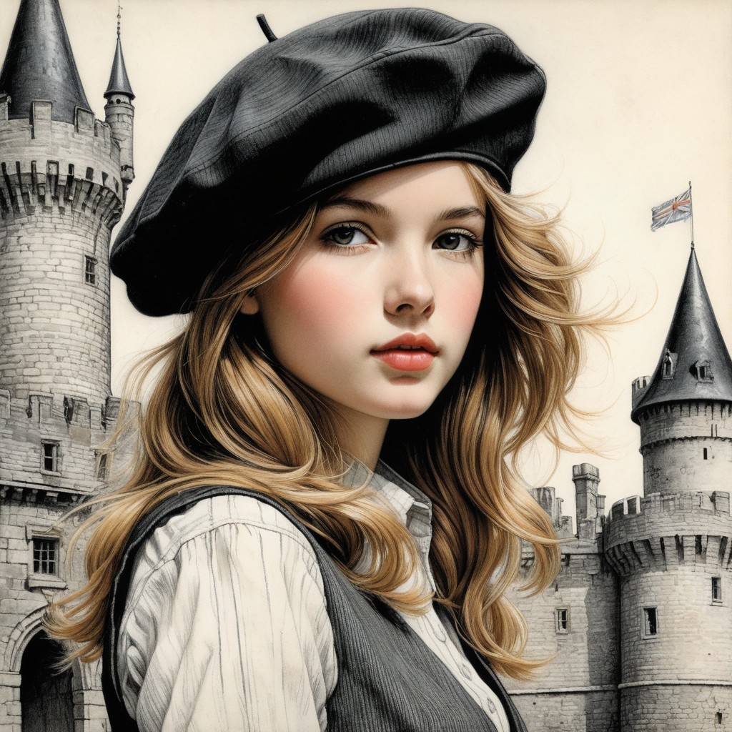 Young woman in stylish outfit with castle backdrop