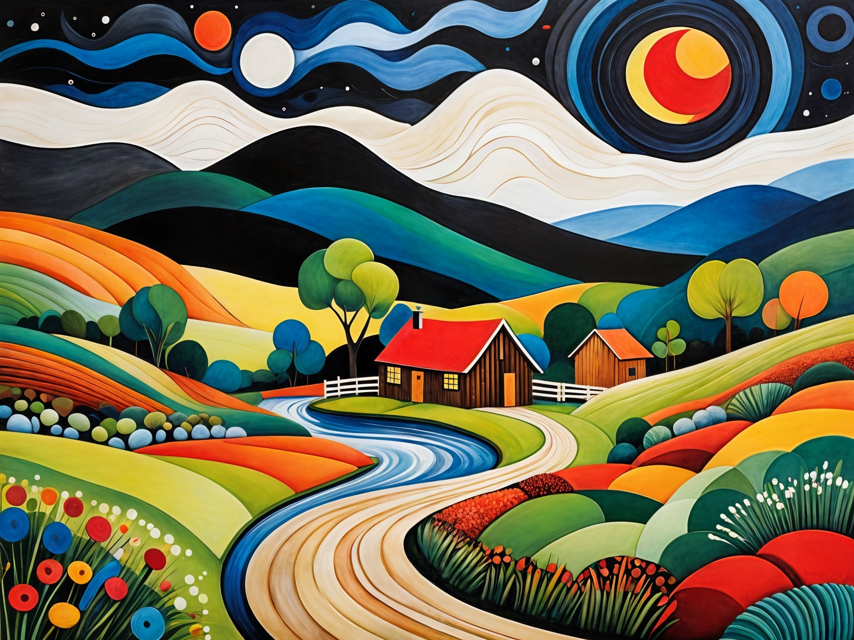 Vibrant Landscape with Rolling Hills and Cozy Houses
