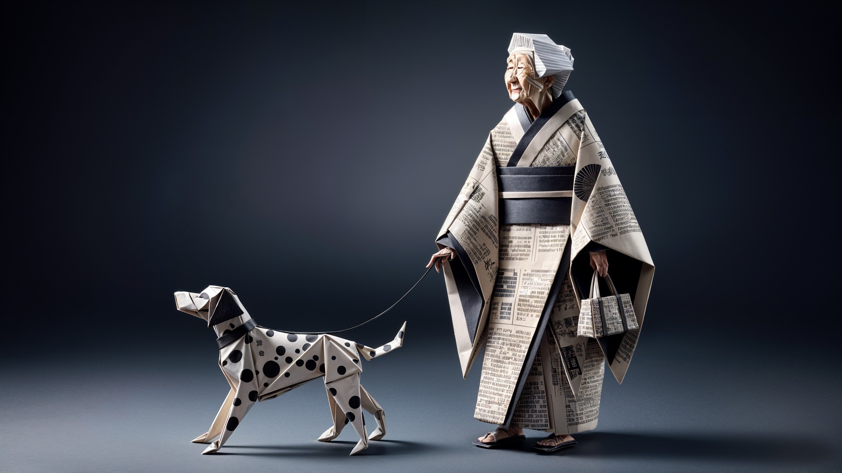 Origami Scene of Woman and Polka-Dotted Dog in Kimono