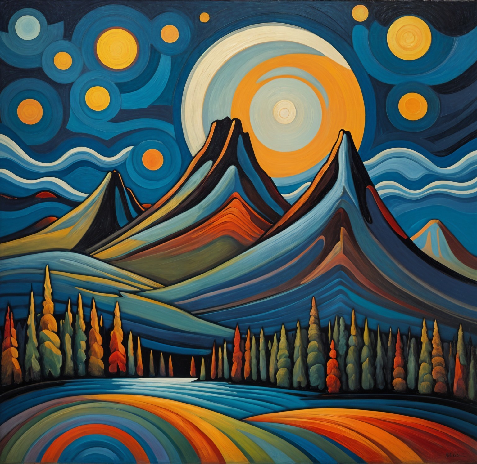 Vibrant Landscape with Mountains and Glowing Moon