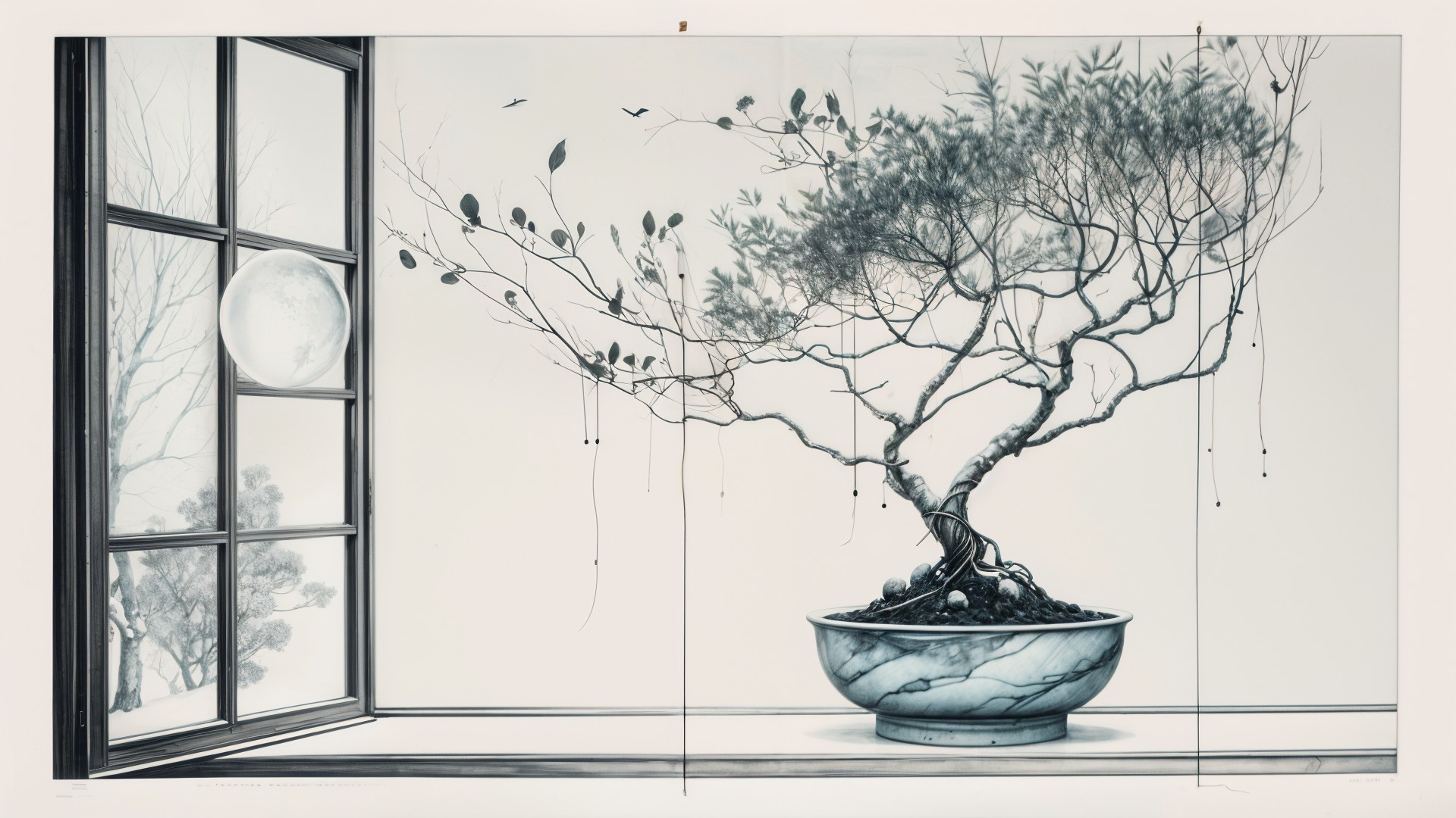 Bonsai Tree in Decorative Pot with Moonlit Background