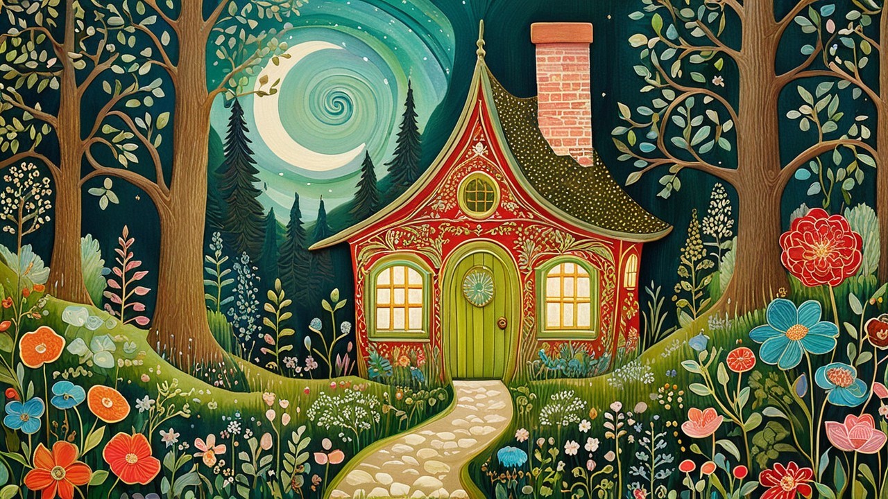 Whimsical Cottage in a Vibrant Forest Setting