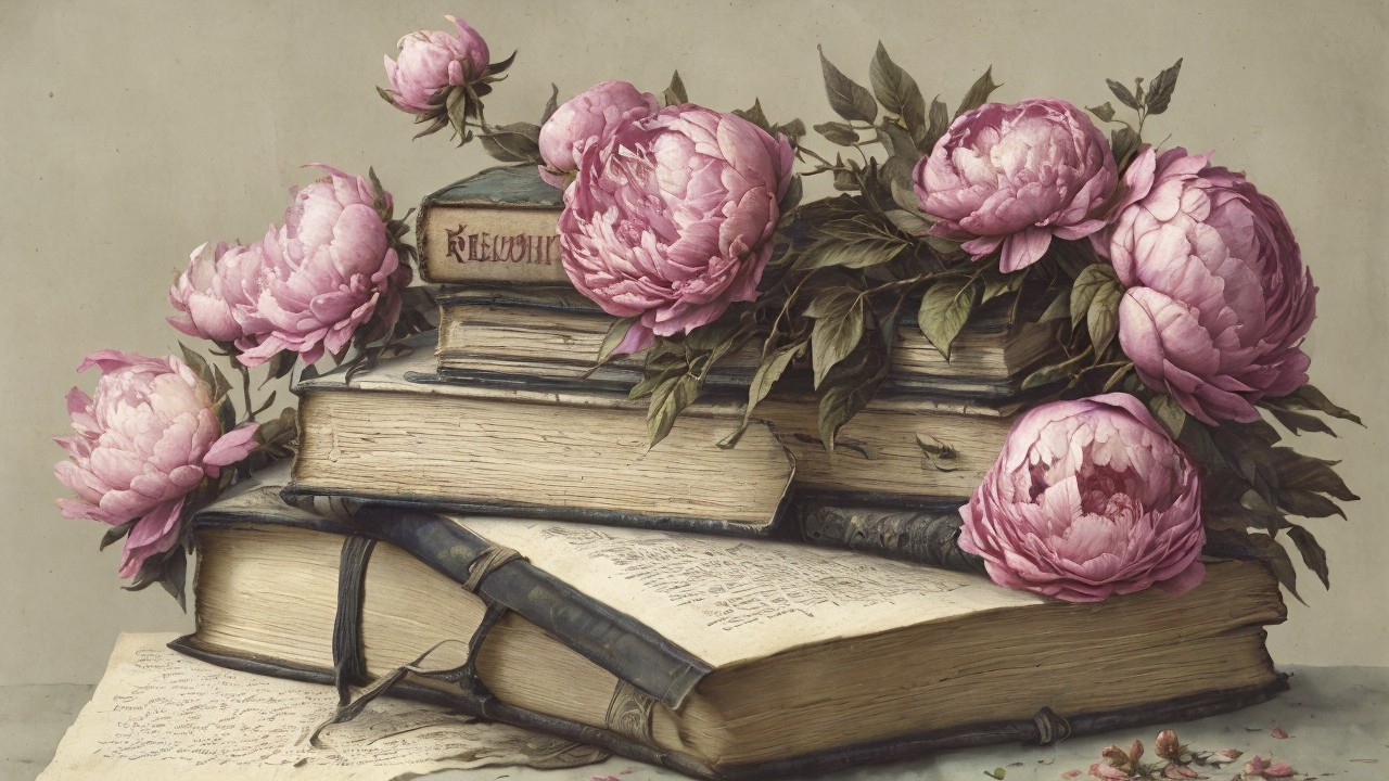 Weathered Books and Pink Peonies Arrangement