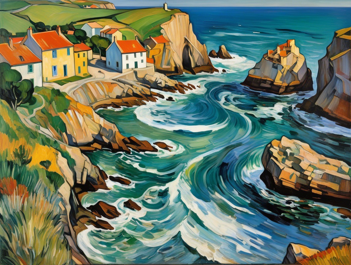 Vibrant Coastal Scene with Red-Roofed Houses and Cliffs