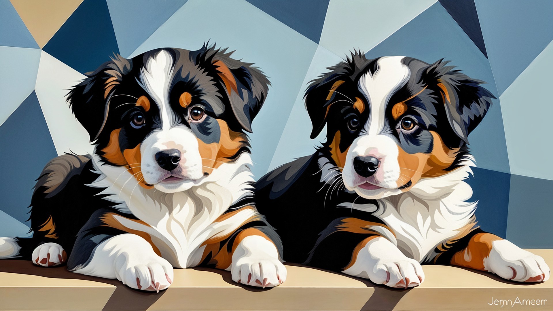 Bernese Mountain Dog Puppies Resting with Geometric Background
