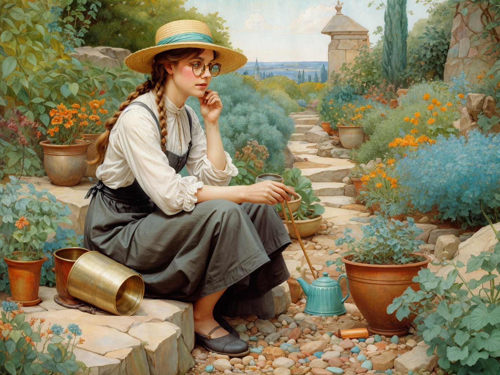 Young Woman in a Lush Garden with Flowers and Sunlight