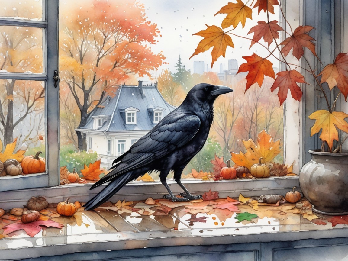 Raven on Windowsill with Autumn Leaves and Pumpkins