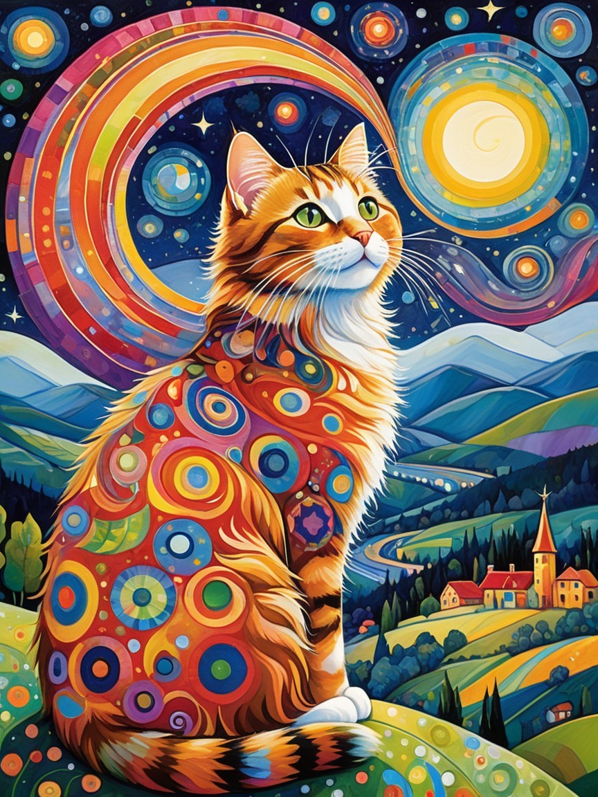 Colorful Cat Illustration on Hillside with Night Sky