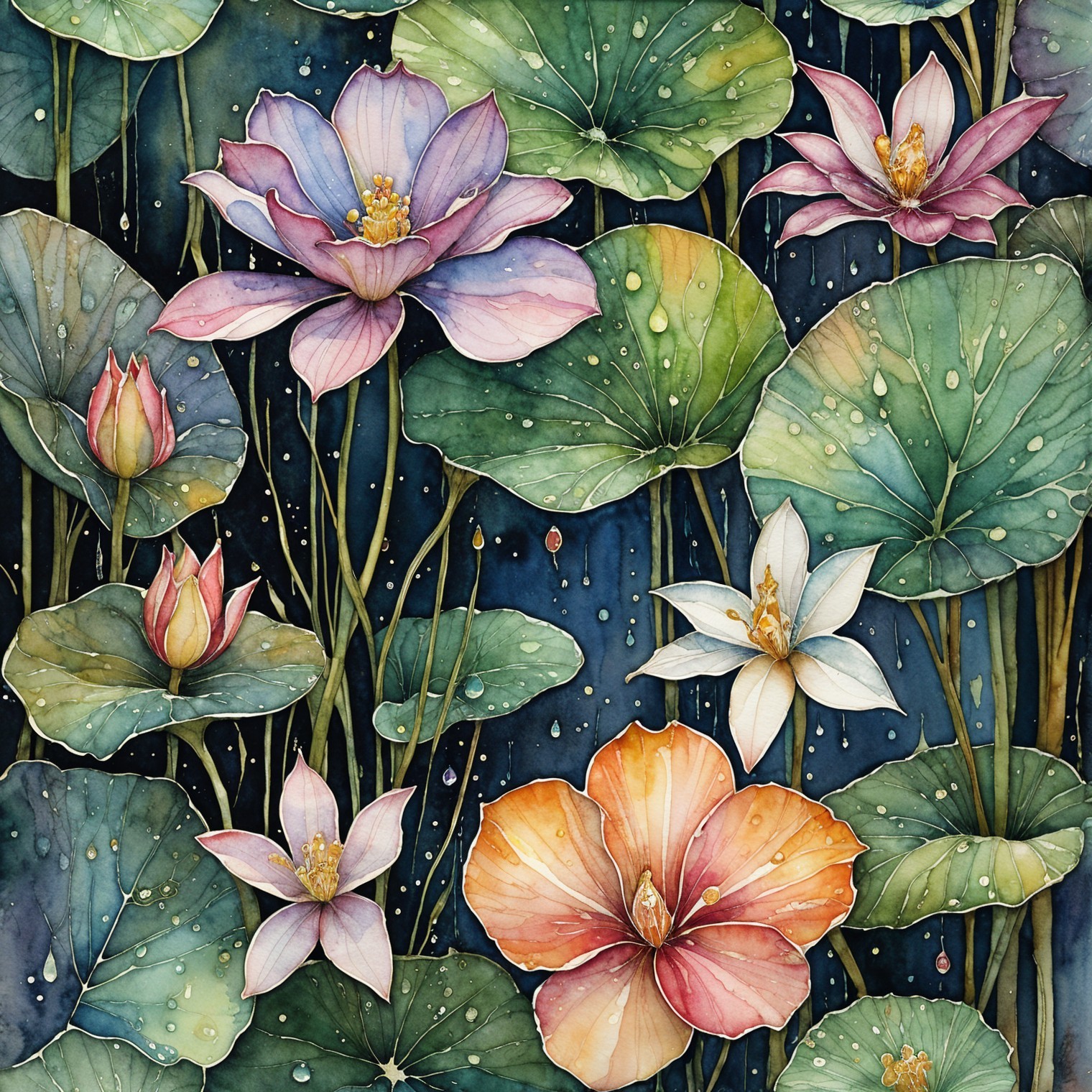 Vibrant Watercolor Painting of Lotus Flowers and Lily Pads