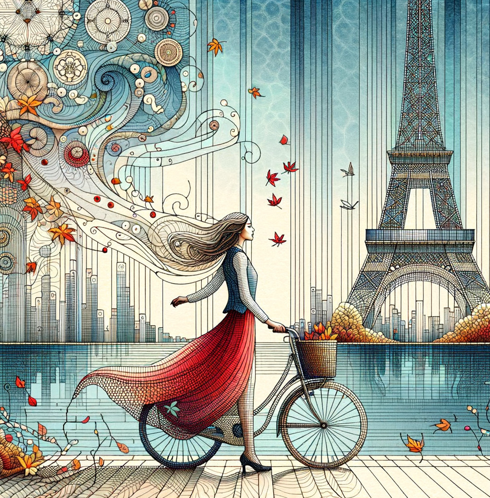 Woman in Red Skirt Biking by River with Eiffel Tower