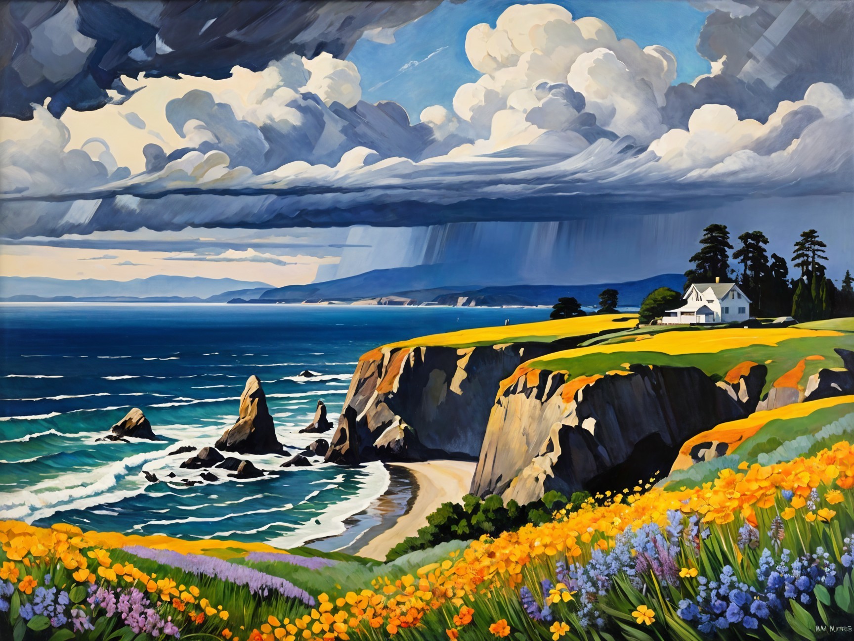 Coastal Landscape with Cliffs and Wildflowers