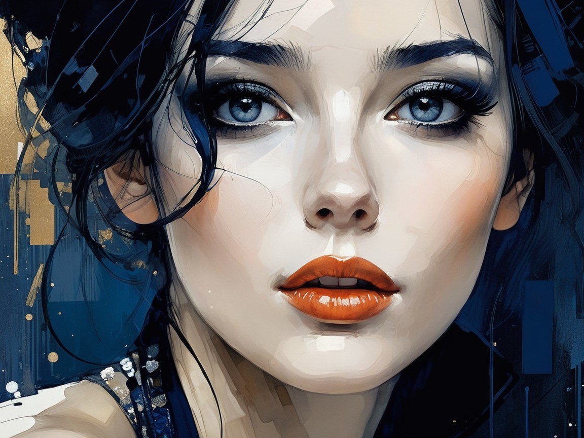 Close-Up of Young Woman with Blue Eyes and Orange Lips