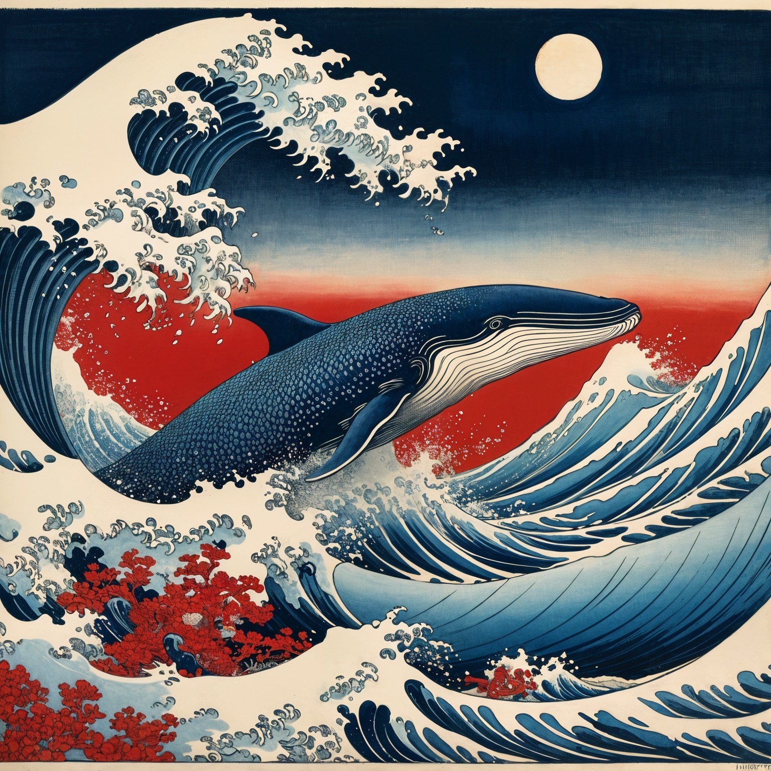 Blue whale breaching in ocean with vibrant colors