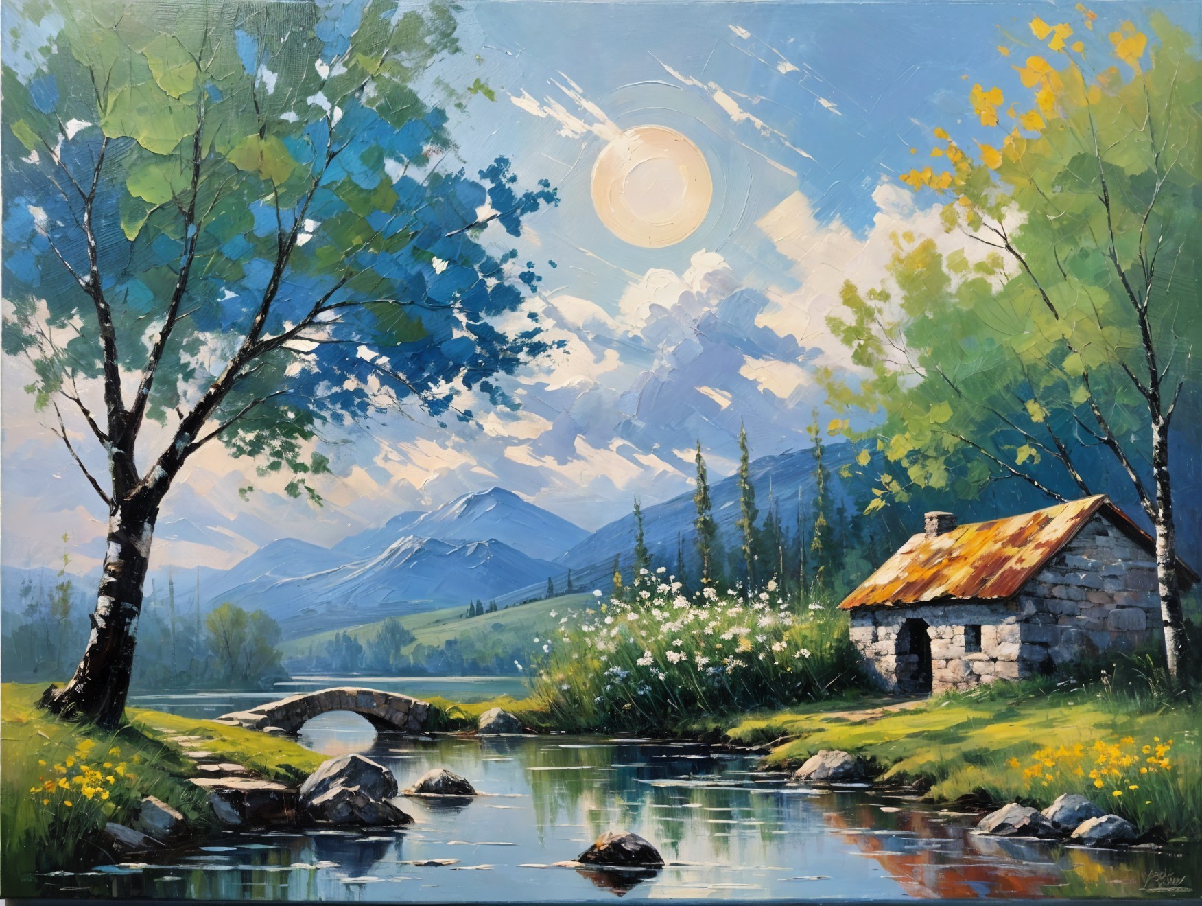 Serene Landscape with River, Cottage, and Mountains