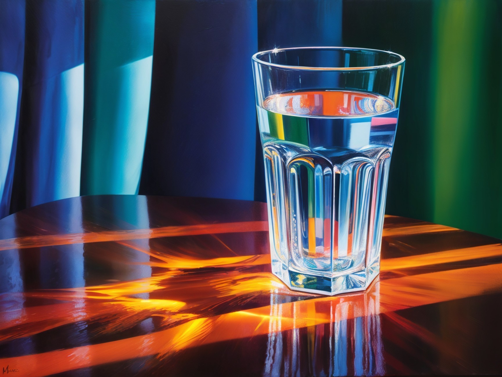 Glass of Water on Polished Wooden Table with Colors