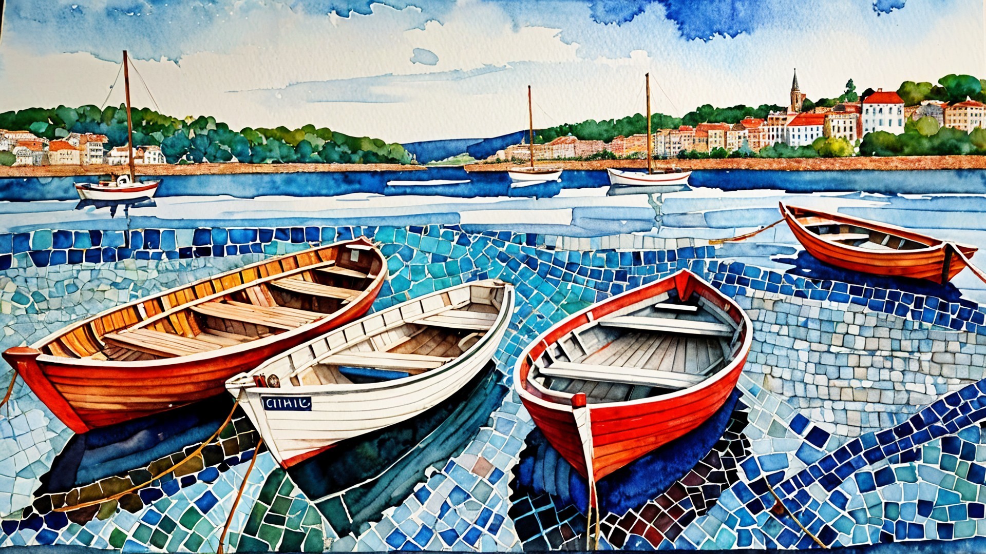 Vibrant Wooden Boats at a Serene Waterfront Scene