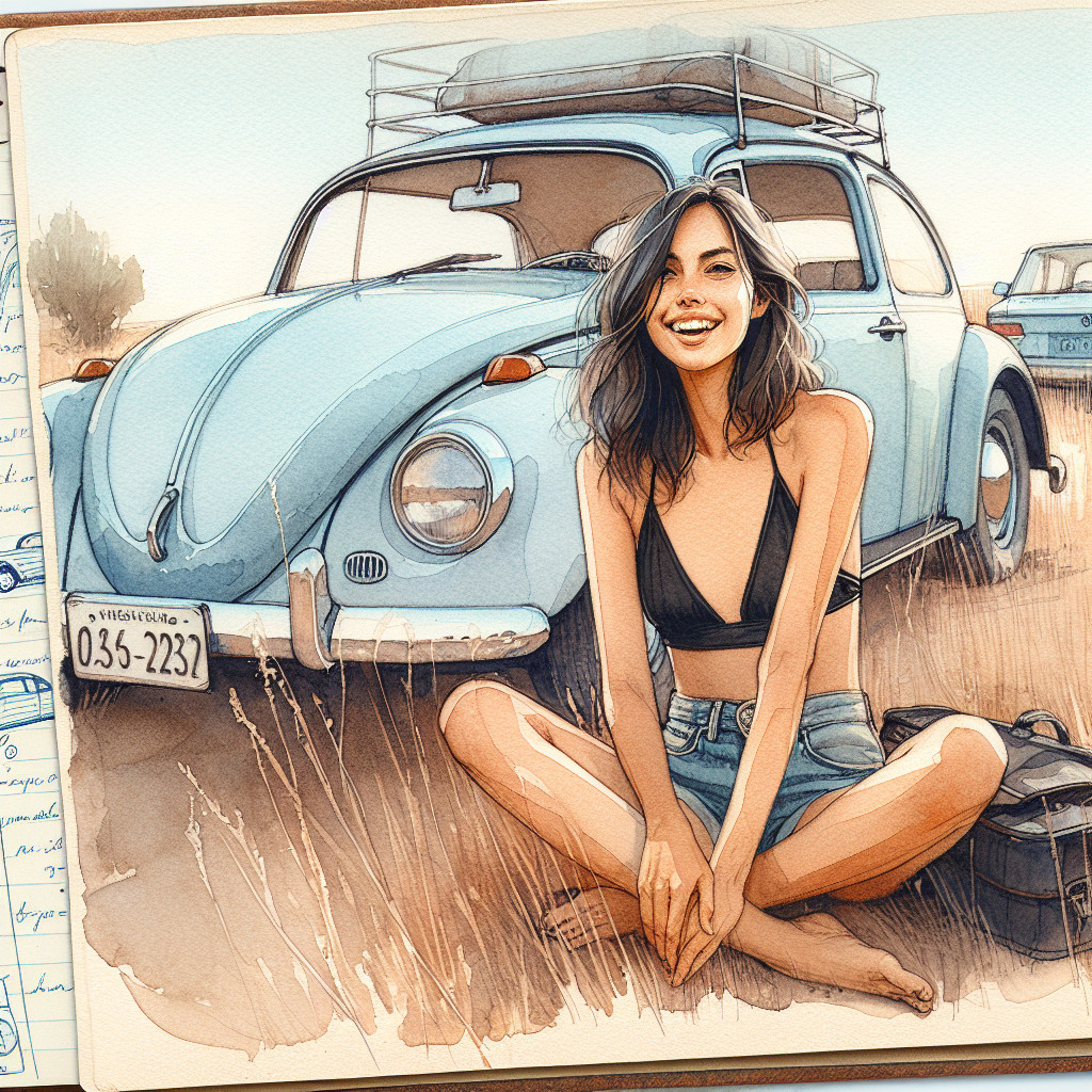 Cheerful Young Woman by Vintage Volkswagen Beetle