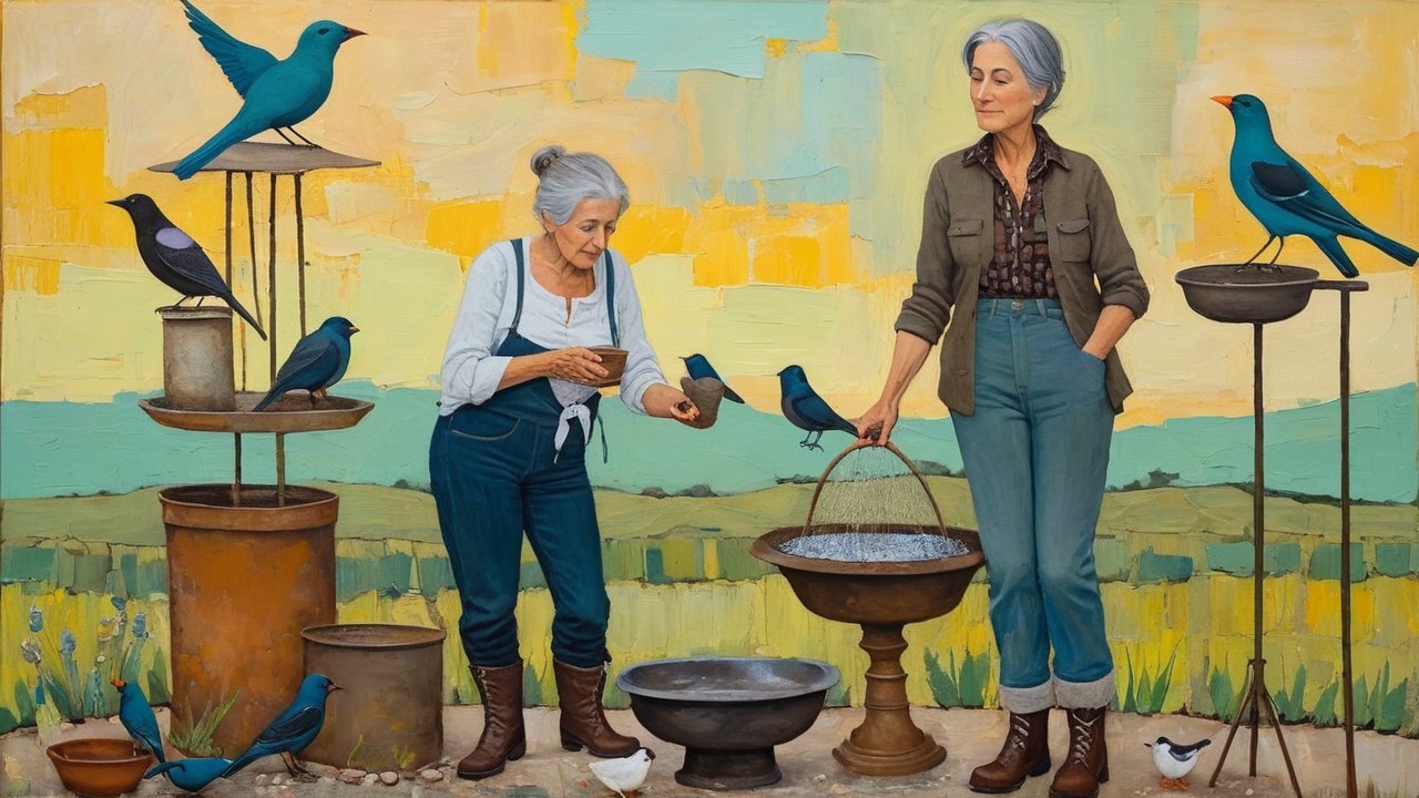 Serene Scene of Women Interacting with Blue Birds
