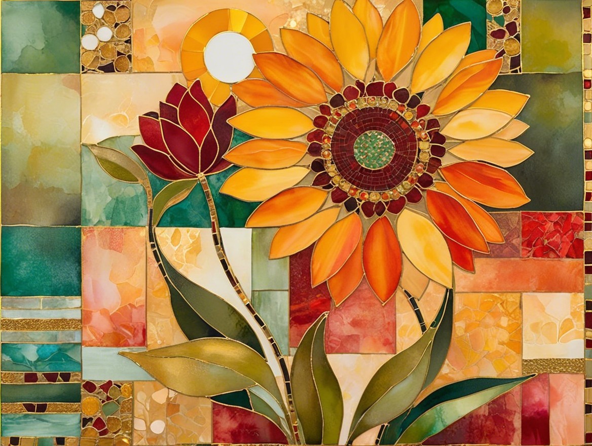 Vibrant Mosaic Artwork of Sunflowers and Geometric Shapes
