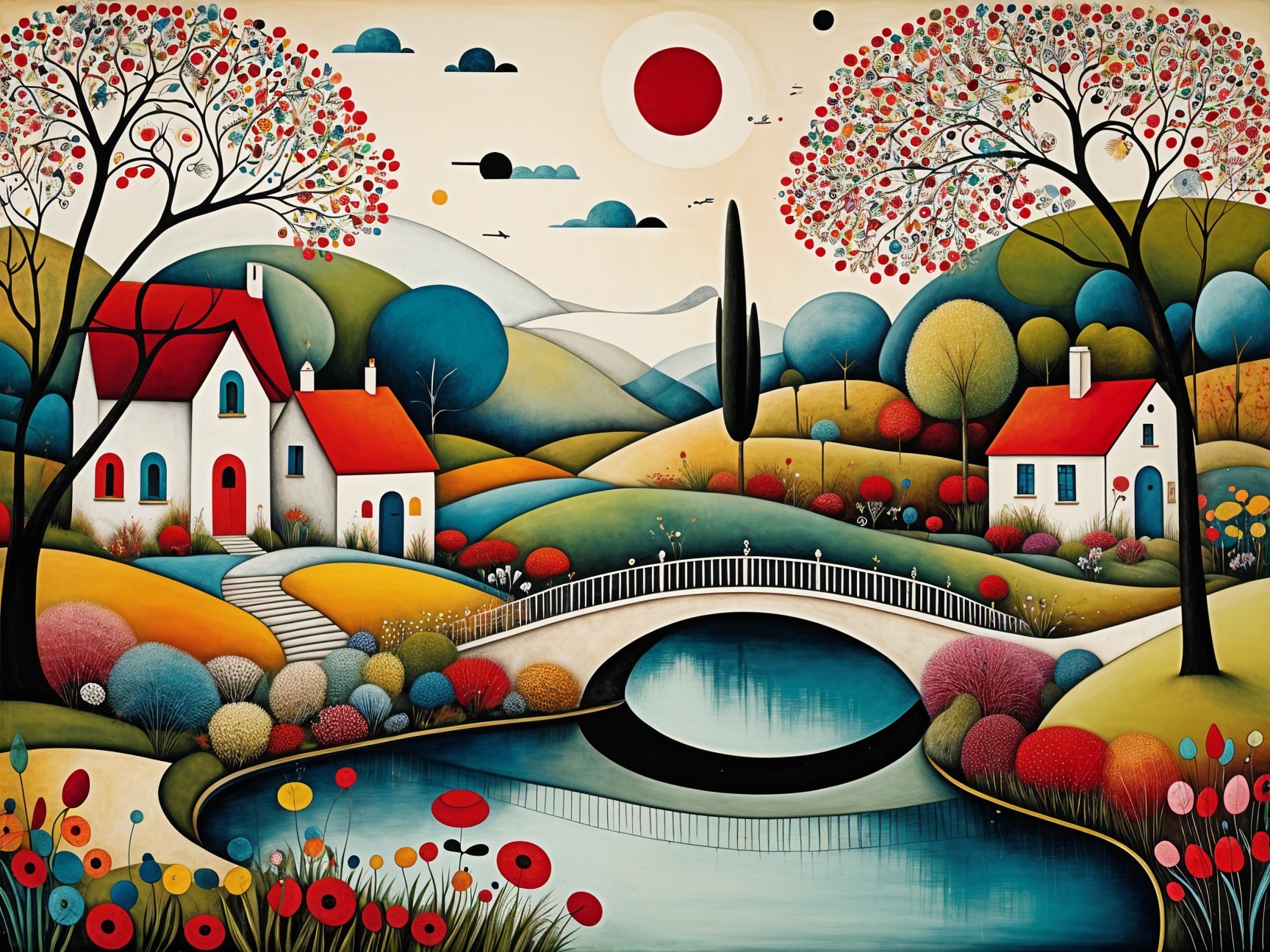 Vibrant Landscape with Colorful Trees and Charming Houses