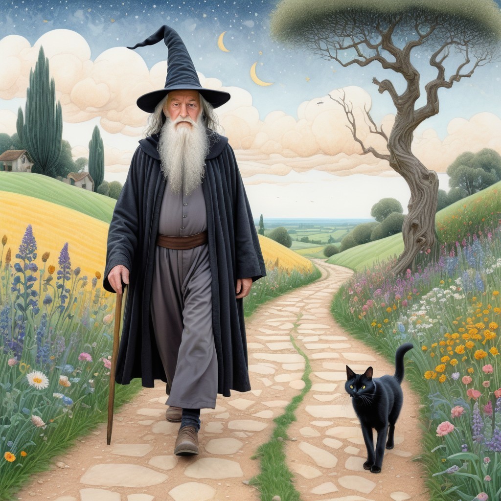 Wizard with Cat on Pathway Surrounded by Wildflowers