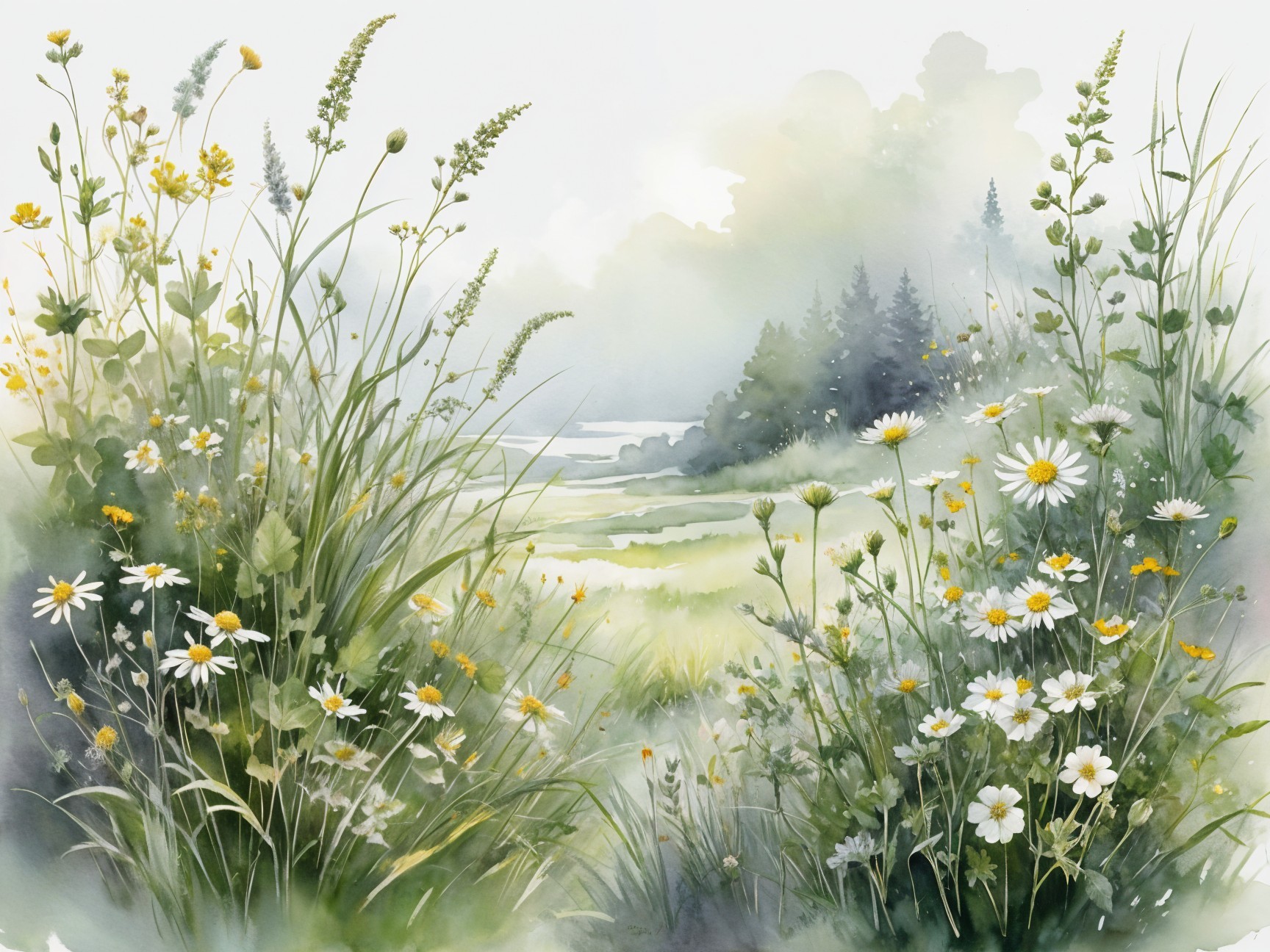 Serene Watercolor Landscape of Lush Meadow and Wildflowers