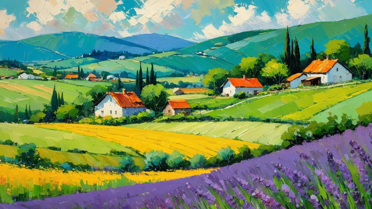 Vibrant Landscape with Rolling Hills and Lavender Fields