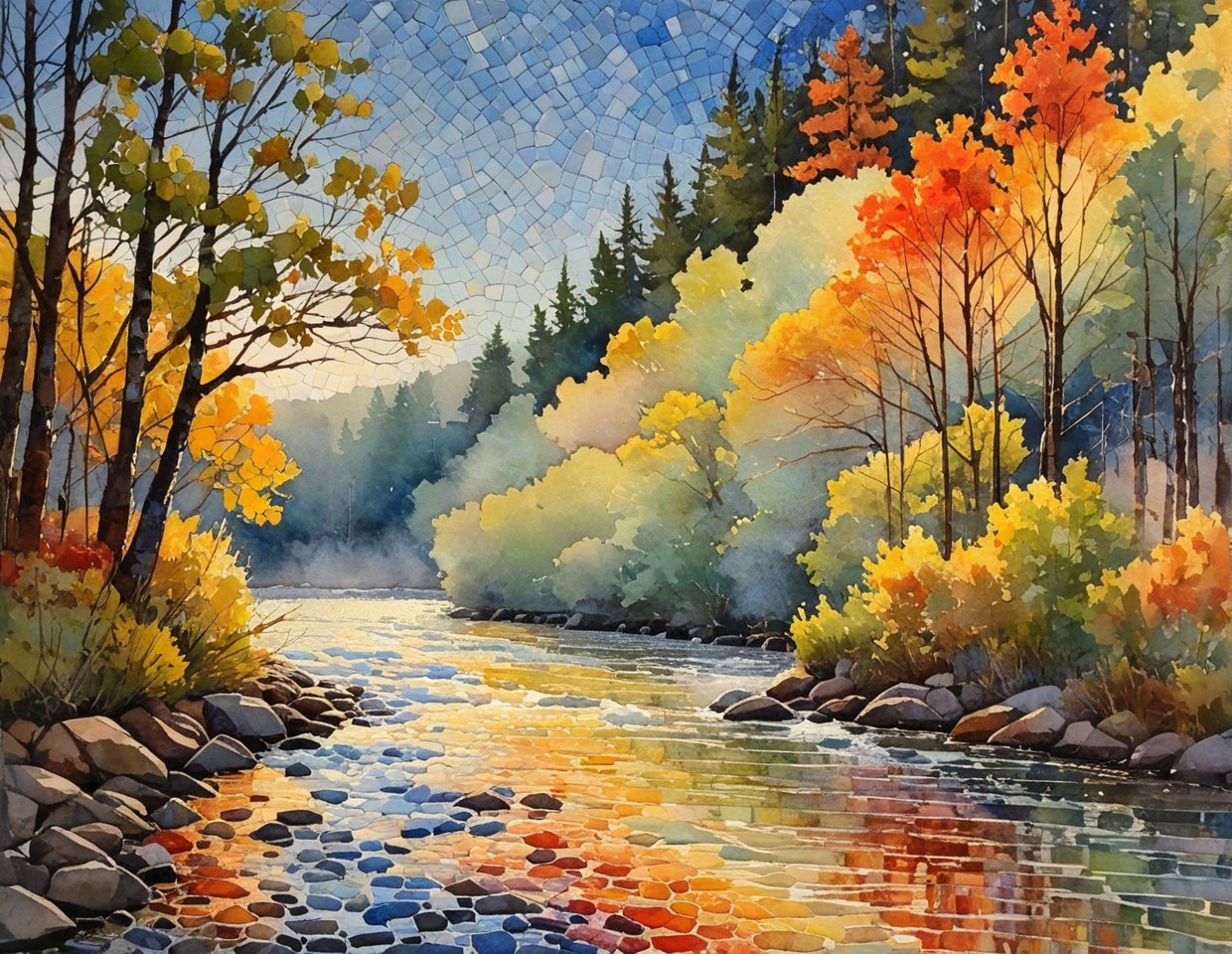 Autumn River Scene with Colorful Foliage Reflections