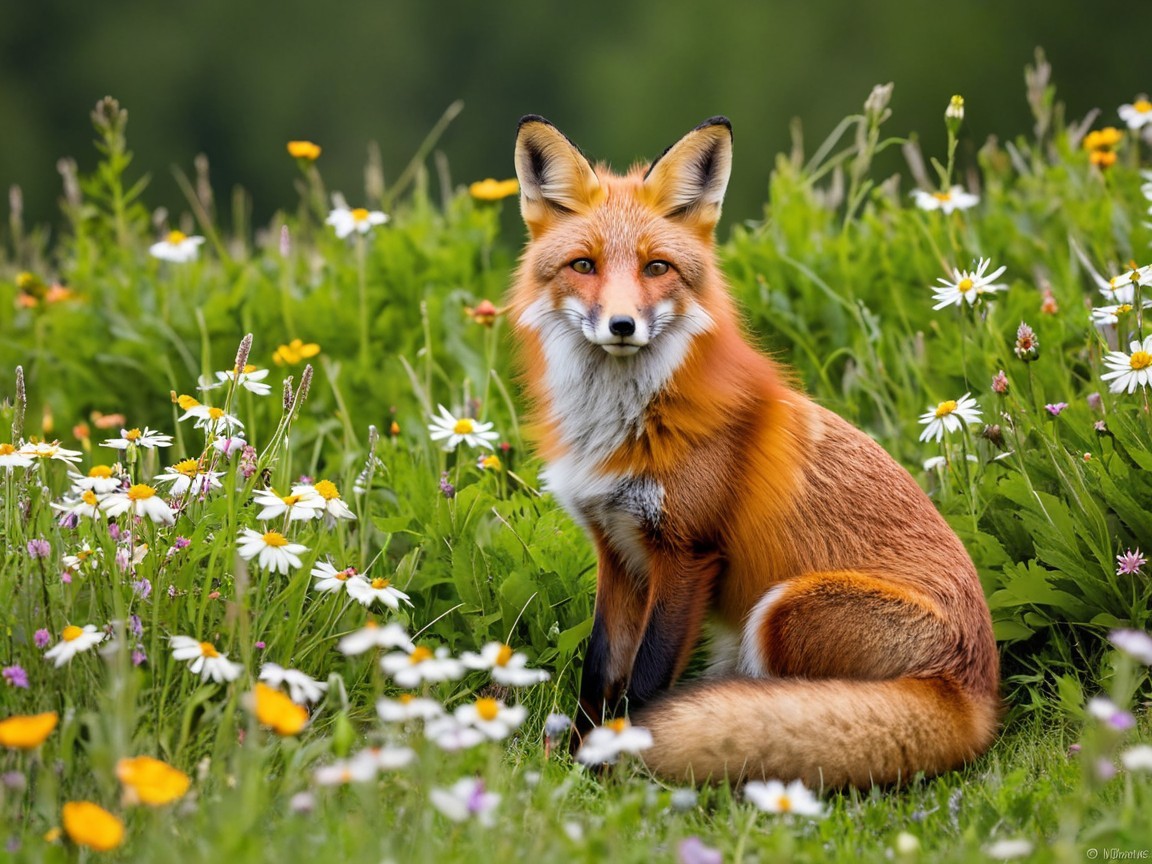 Red Fox Among Colorful Wildflowers in Natural Setting